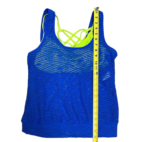 NWT GO by Gossip Sporty Splice Tankini Small Swimsuit Top Sports Bra Blue Lime - Picture 13 of 16